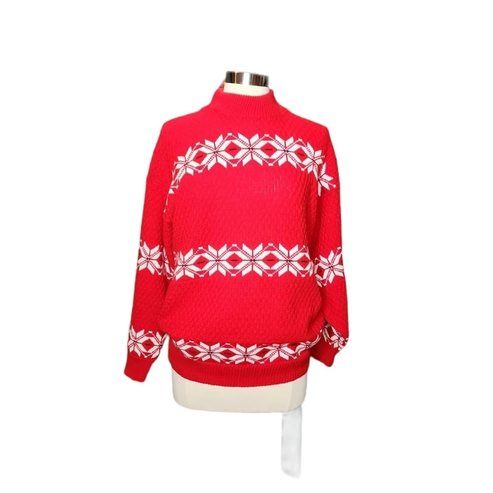 Vintage American Pride Red & White Mock Turtleneck Sweater USA Made Size Large